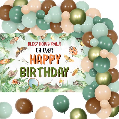 Jollyboom Bug Birthday Decorations, Insect Birthday Party Decorations Buzz Hop Crawl Bugs Birthday Backdrop Banner Balloon Garland Green for Boy Girl Spring Summer Tropical Reptile Rainforest Party