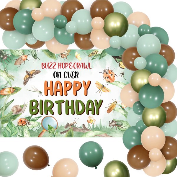 Jollyboom Bug Birthday Decorations, Insect Birthday Party Decorations Buzz Hop Crawl Bugs Birthday Backdrop Banner Balloon Garland Green for Boy Girl Spring Summer Tropical Reptile Rainforest Party