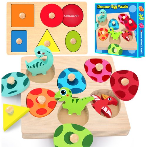 SIERLIKY Wooden Peg Puzzle for Toddlers,Montessori Toys for Kids，Wooden Learning Color Sorting Shape Puzzles for Boys Girls, Dinosaur Match Eggs Developmental Sensory Matching Games