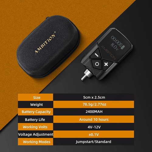 Tattoo Power Supply - Ambition Kuark Mini Wireless Portable RCA Tattoo 2400mAh Lithium Battery Pack with LED Digital Display for Rotary Tattoo Machine