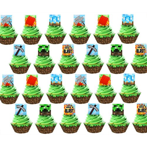 48 pcs Pixel Cupcake Toppers and Wrappers - 24 Cupcake Toppers and 24 Wrappers - Pixel Party Supp...