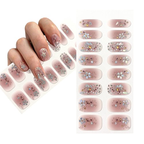 Self-Adhesive Pink Blush Nude Neutral Full Nail Wraps Temporary Decal DIY Tattoo Stickers with Silver Holographic Gold Flowers | Brighter, Thicker, Tougher Polish Strips for Women Teens and Girls