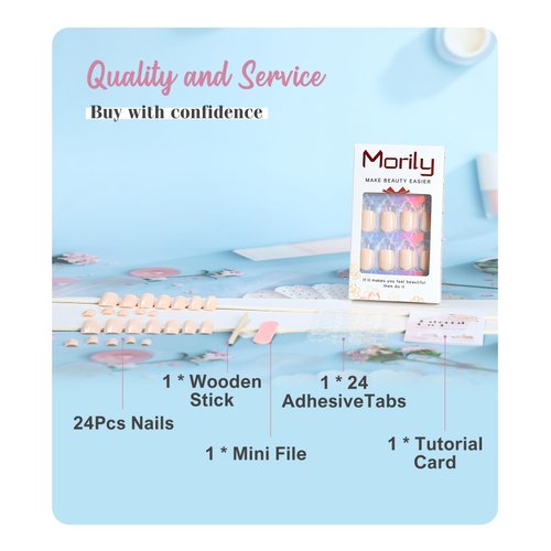 Morily Press on Nails - Nude Fake False Nails Short Square, Solid Color Glossy Squoval Stick on Fingernails for Women - 24Pcs in 12 Sizes