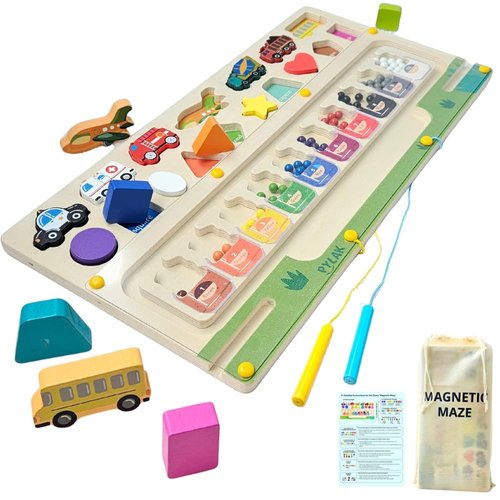 PYLAK Magnetic Maze 3in1 with 2 Pencils Montessori Toys Counting Board Game Color Classification Numbers, Shape Vehicle Sensory Toys for 3+Year Children, Birthday Gift+Bag Keeps Game+Instructions