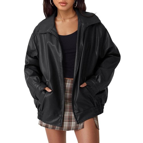 Trendy Queen Faux Leather Oversized Women's Motorcycle Moto Biker Jacket - Plus Size, Fall 2023
