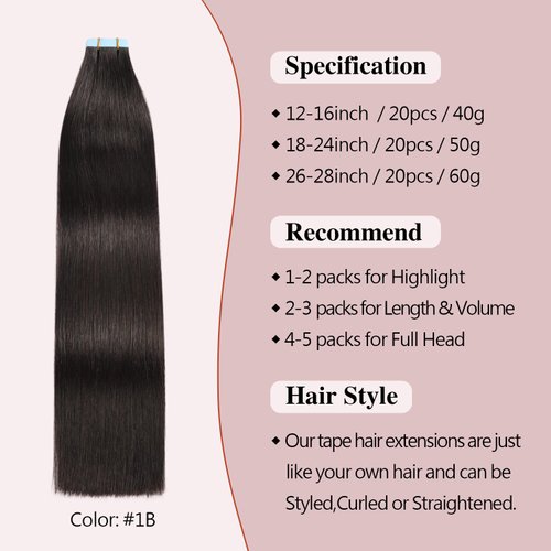 Sunya Tape in Hair Extensions Human Hair 18 inches Silky Straight Remy Human Hair Seamless Skin Weft Tape in Human Hair Extensions 18 inches #1B Natural Black 50 Gram 20Pcs/Pack