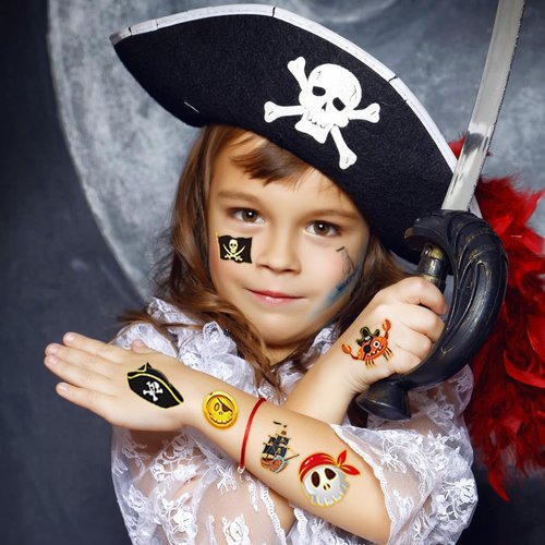 winthrop 240 Pcs Bulk Pirate Glitter Temporary Tattoos for Kids, Flash Gold Individually Wrapped Waterproof Safety Tattoos, Best Choice for Pirate Party Favors, 60 Different Designs Pirate Ships