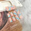 Square Press on Nails Medium Length Fake Nails Blue Pink Irregular Stripe False Nails Design Glossy Full Cover Stick on Nails Natural Glue on Nails Reusable Acrylic Artificial Nails for Women