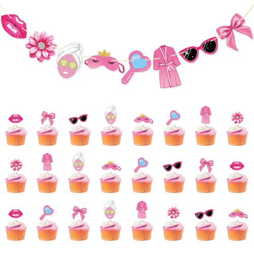 FOZEE Slumber Party Banner, Spa Themed Cupcake Toppers, Spa Day Party Decor for Girls, Pajama/Slu...