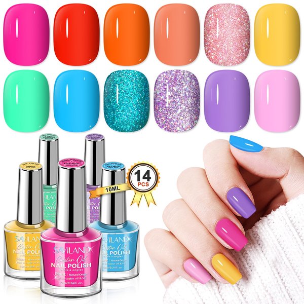 SAVILAND Finger Nail Polish Set for Beginner: 12 Neon Colors Air Quick Dry Nail Polish Summer Glitter Nail Polish Kit Regular Fingernail Polish Non Gel with Base-Top Polish for Toe Manicure Nail Art