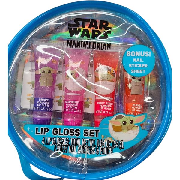 Fun Flavored Lip Gloss Set, 4 Flavors; Grape, Raspberry, Fruit Punch and Mango. Comes with a Bonus Nail Sticker Sheet. Each Lip Gloss is 0.21 oz.