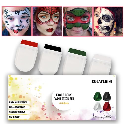 COLAYERIST Face Body Paint Sticks Black White Green Red , Face Painting Kit, Eye Black Halloween Face Makeup Kit, Face Paint Crayons for Costume Softball Football Baseball Halloween Accessories