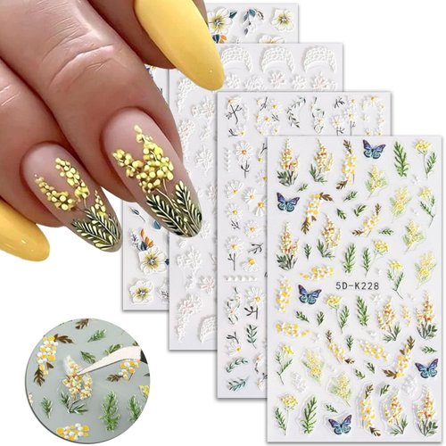 4 Sheets Nail Art Stickers Decals Flower Spring Nail Stickers 5D Embossed Daisy Butterfly Floral Leaf Self Adhesive Nail Stickers for Manicure Decor