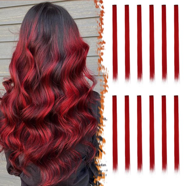 BARSDAR Red Clip in Hair Extensions - Colored Red Hair Extensions for Women - 22'' 12 PCs Colored Hair Extensions Straight Synthetic Clip in Hairpieces Party Halloween Christmas Hair - Red