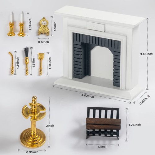 SAMCAMI Wooden Dollhouse Furniture Fireplace Set - Doll House Furniture Toys 1 12 Scale - Miniature Furniture Incl Fireplace, Candles, firewood Rack and Other Dollhouse Accessories
