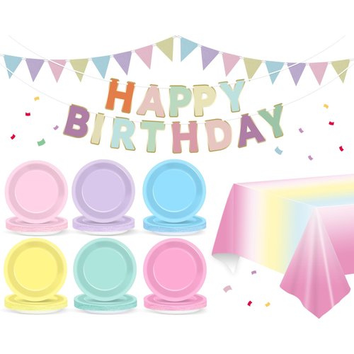 Pastel Rainbow Birthday Party Supplies Pastel Party decorations Disposable Dinnerware Set Include Rainbow Tablecloth Plates Happy Birthday Banner for Baby Shower Girls Wedding Party Decor