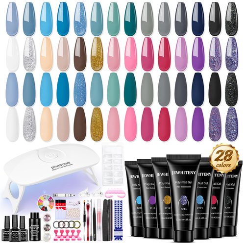 JEWHITENY 28 Colors Poly Extension Gel Nail Kit Builder Nail Enhancement Gel All In One Kit with Nail Lamp Base Top Coat Matte Top Coat Set Nail Art Design Nail Salon Tools