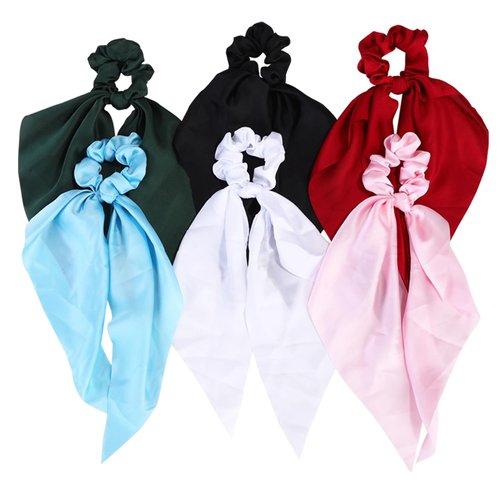 6Pcs Hair Scarf Scrunchies for Women Satin Silk Elastic Hair Bands Ponytail Holder Scrunchy Ties Vintage Accessories for Women Girls (Black Red Blue)
