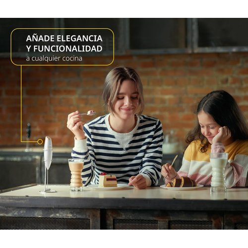 Milk Frother White - Coffee Frother Handheld with Electric Whisk - 19000 rpm - Book Recipes and Stainless Steel Stand Included - Hand Mixer Electric (White and Gold)