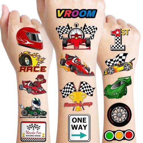 110 PCS Race Car Temporary Tattoos Sticker Racing Pit Crew Checkered Flag Race Car Birthday Party Decorations Favors Supplies Gifts Boys Girls Cute Fake Tattoo School Prizes Carnival Theme