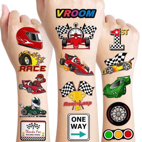 110 PCS Race Car Temporary Tattoos Sticker Racing Pit Crew Checkered Flag Race Car Birthday Party Decorations Favors Supplies Gifts Boys Girls Cute Fake Tattoo School Prizes Carnival Theme