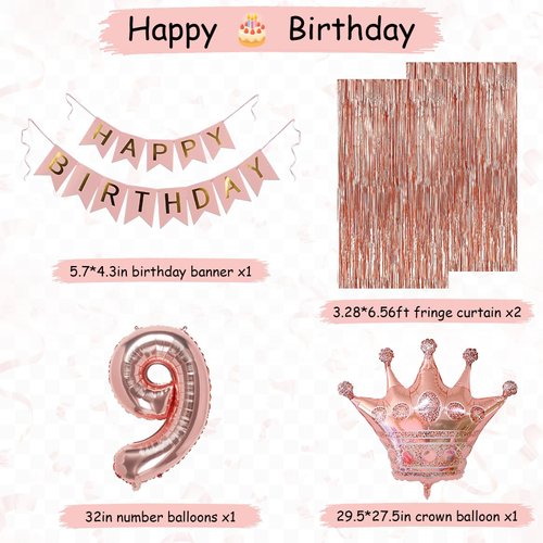 9th Rose Gold Birthday Party Decorations for Girls, Rose Gold Happy Birthday Banner, Fringe Curtains, Heart Foil Balloons, Crown Balloons for Girls' 9th Birthday Decorations
