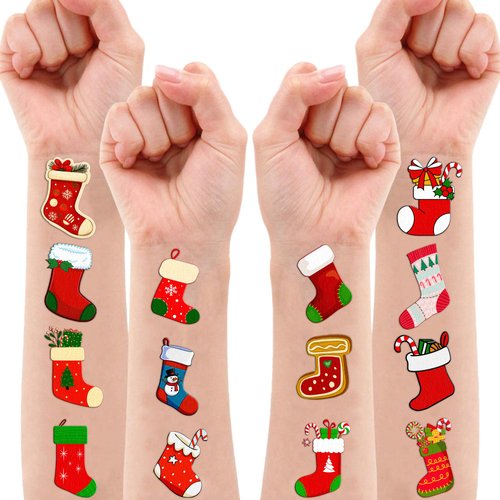 114 PCS Christmas Stocking Temporary Tattoos Themed Birthday Party Decorations Favors Supplies Decor Red Xmas Tree Sock Tattoo Stickers Gifts For Game Boys Girls Classroom School Prizes Reward