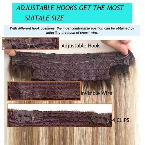 Dirty Blonde Hair Extensions,18Inch Wire Hair Extensions, Fish Line Hair Extensions Wire Hair, 80g Balayage Ash Brown to Dirty Blonde and Platinum Blonde Highlights Hairpiece Flip in Wire Hair Extensions with Invisible Fish Line