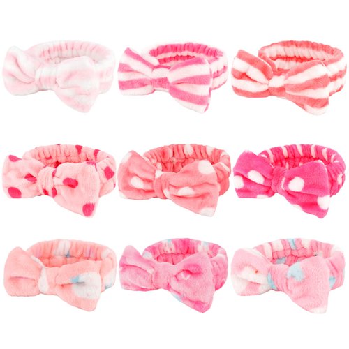 WHAVEL 9 Pack Pink Microfiber Hairband for Washing Face, Makeup Headband Skincare Headbands with Cute Bow, Fluffy Face Wash Headband for Women