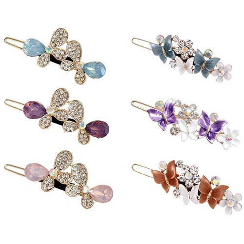 Rhinestone Hair Clips, Little Cute Colorful Crystal Metal Hair Barrettes, Small Butterfly Clamp for Girls Kid, Sparkly Glitter Flower Hairpin, Handmade Hair Accessories, Two Style, 6 Pcs