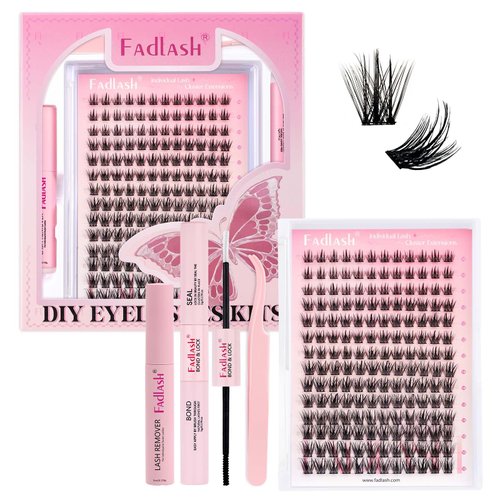 FADLASH Lash Clusters Kit Individual Lash Extensiones Wispy Faux Mink 10-16mm DIY Eyelash Extension Kit Eyelash Clusters Lashes with Bond and Seal and Remover Lash Tweezer for Self Use（AD17-D-10-16)