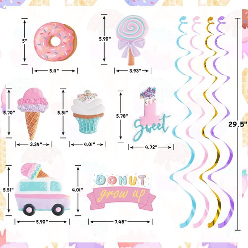 Pastel Ice Cream Sweet One First Birthday Party Decorations, Ice Cream and Donut Party Hanging Swirl, Summer Ice Cream Party Ceiling Hanging Streamers for Ice Cream 1st Bday Girls Donut Party Supplies