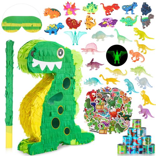 Hanaive 141 Pcs Dinosaur Piñata for Birthday Party, Dinosaur Piñata Set with Blindfold and Baton, 16 x 12 x 3 Inch, Include Kids Dinosaur Themed Party Favors for Boys and Girls(Lovely Style)