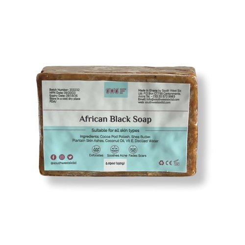 SW6-Authentic African Black Soap Bar, Raw & Organic w/Shea Butter, Gentle Cleansing (5.29oz), Shades of Brown