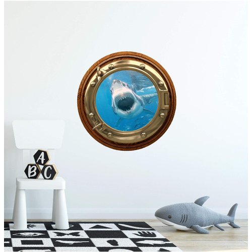 12" Port Scape Instant 3D Window Wall Sticker Great White Shark Attack BRASSWOOD Porthole Wall Decal Ocean Under Water Sea Life Fish Kids Bedroom Playroom Wall Art Room Decor Removable Fabric Vinyl