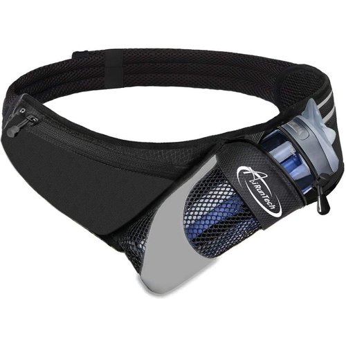 AiRunTech Upgraded No Bounce Hydration Belt Can be Cut to Size Design Strap for Any Hips for Men Women Running Belt with Water Bottle Holder Pocket Fits Smartphones Black Bottle diameter up to 3.2 in