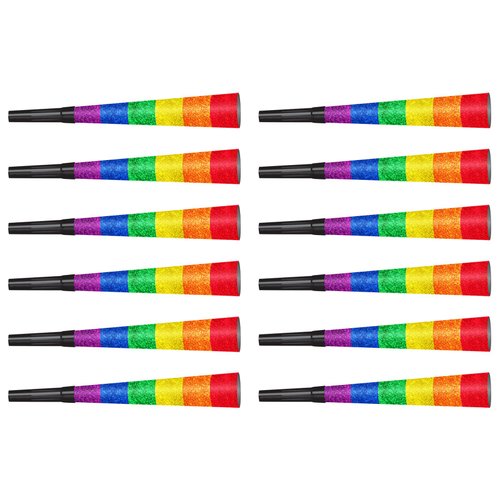 Beistle Set of 12 Glitter Print Rainbow Noisemaker Horns, 9” Colorful LGBTQ+ Party Favors, Pride Parade Swag, USA Made, Multicolor