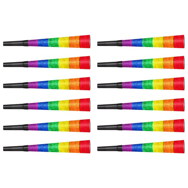 Beistle Set of 12 Glitter Print Rainbow Noisemaker Horns, 9” Colorful LGBTQ+ Party Favors, Pride Parade Swag, USA Made, Multicolor