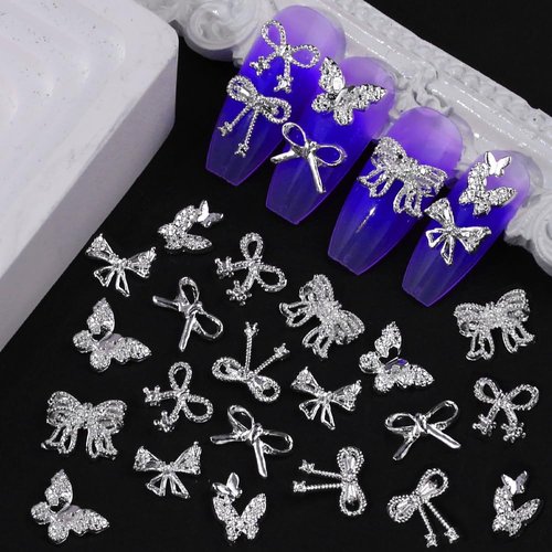 50pcs 3D Metal Bow Nail Charms Random Nail Bows Butterfly Nail Art Charms Silver Nail Charms Alloy Nail Rhinestones Cute Bow Charms for Nails Design Bowknot Butterfly Nail Jewels for Nail Art Supplies