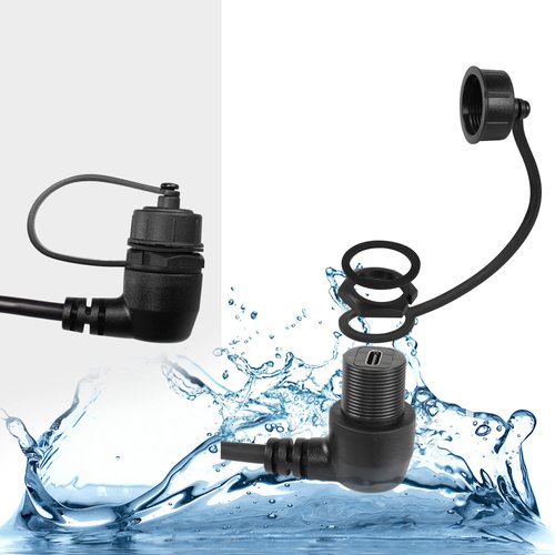 QIANRENON 90 Degree Angle USB C 3.1 Panel Flush Waterproof Cable 10Gbps Type C 3.1 Male to Right Angle Female Extension Cable, Threaded to Dashboard or Panel, 30cm/11.8in (Up&Down Bend)