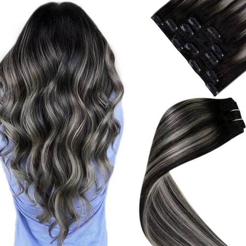 LaaVoo Clip in Hair Extensions Real Human Hair Black Ombre Silver Grey Balayage Human Hair Clip in Extensions Black Balayage Clip in Hair Extensions Black Women Long Straight 20 Inch 80g/5pcs