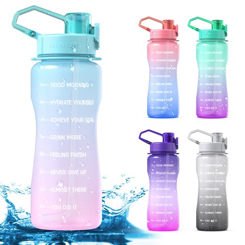 Y&3 64oz Half Gallon Water Bottle with Straw & Time Marker, Leakproof, BPA Free Tritan Water Jug, Motivational Water Bottle with Handle, For Outdoor, Fitness, Gym (Green/Pink Gradient, 64oz)