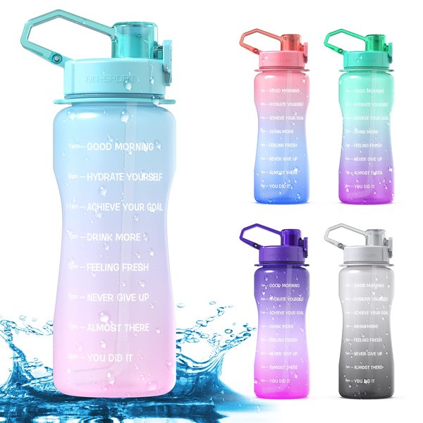 Y&3 64oz Half Gallon Water Bottle with Straw & Time Marker, Leakproof, BPA Free Tritan Water Jug, Motivational Water Bottle with Handle, For Outdoor, Fitness, Gym (Green/Pink Gradient, 64oz)