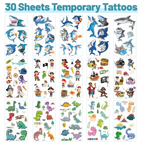 30 Sheets Temporary Tattoos Kit for Kids, 289Pcs Fake Cute Tattoo Stickers Waterproof, Birthday Party Favor (Shark & Pirates & Dinosaurs)