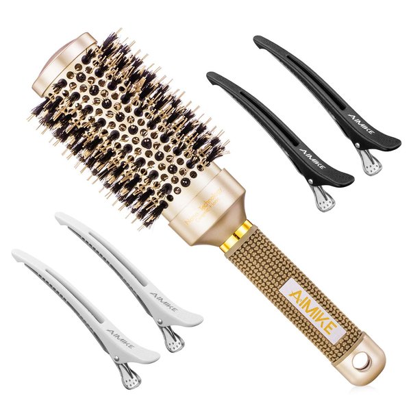 AIMIKE Nano Thermal Ceramic & Ionic Hair Brush with Boar Bristles for Styling, Volume & Shine (2.9 inch, 1.7 inch Barrel) + 4 Free Clips