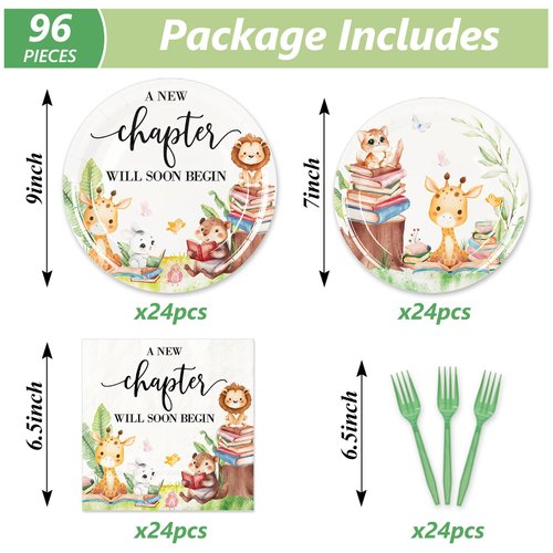 Whaline 96Pcs Storybook Baby Shower Party Supplies For 24 Guests A New Chapter Will Begin Soon Book Disposable Tableware Set Paper Dinnerware 48Pcs Plate 24Pcs Napkin Fork For Party Table Decor