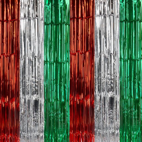 Lucleag 6Pcs Christmas Foil Fringe Curtains, 3.3X6.6Ft Christmas Fringe Curtain Backdrop, Red Green Silver Metallic Tinsel Foil Fringe Streamers Curtains Background for Christmas Party Supplies