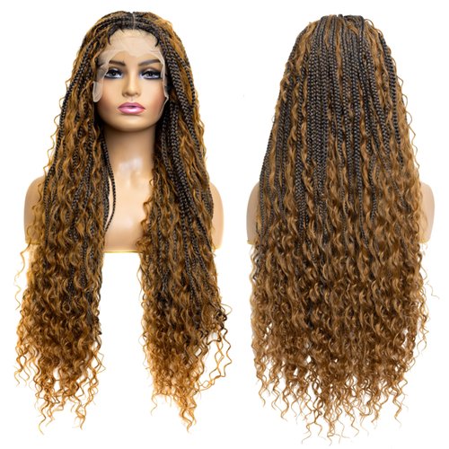 RAHELMO Single Full Lace Braid Wig Micro Boho Box Braided Wig, Knotless Braided Wigs for Black Women, Synthetic Lace Wigs, 360 full lace wigs, Natural Baby Hair (#1B27 Off Black and Light Brown, 32")