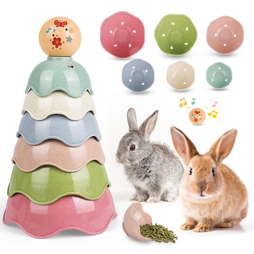 Bunny Toys, 7PCS Stacking Cups for Rabbits, Stackable Bowls and Treats Ball, Guinea Pig Supplies, Pet Enrichment Toys, Nesting Snack Cup for Chinchilla Parrot, Small Animal Hiding Food and Playing