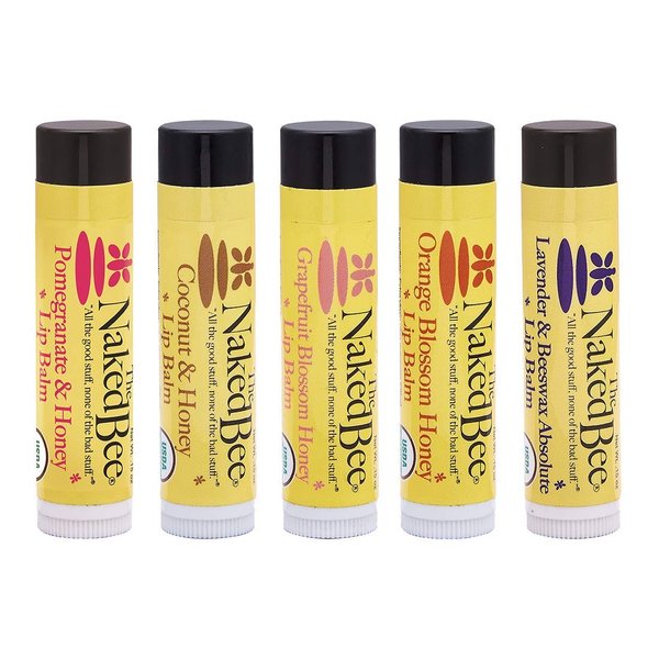 The Naked Bee Lip Balm Sampler, Coconut & Honey, Orange Blossom Honey, Pomegranate & Honey, Grapefruit Blossom Honey, Lavendar & Beeswax Absolute
